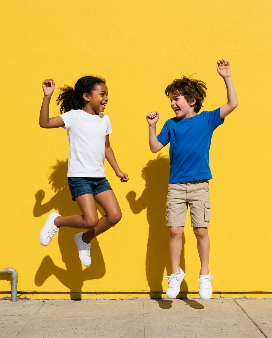 Dos niños saltando felices frente a un muro amarillo
