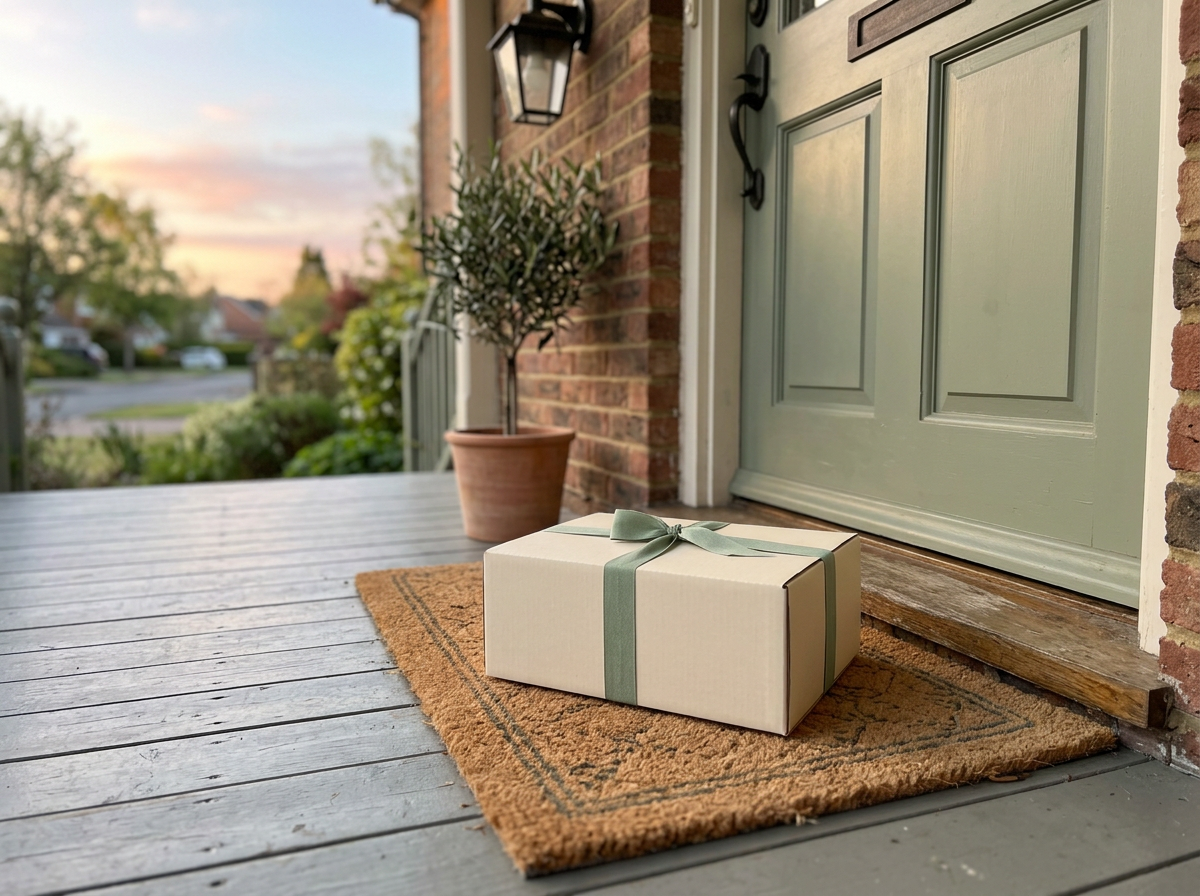 A plain, unbranded package left on a doorstep at sunrise