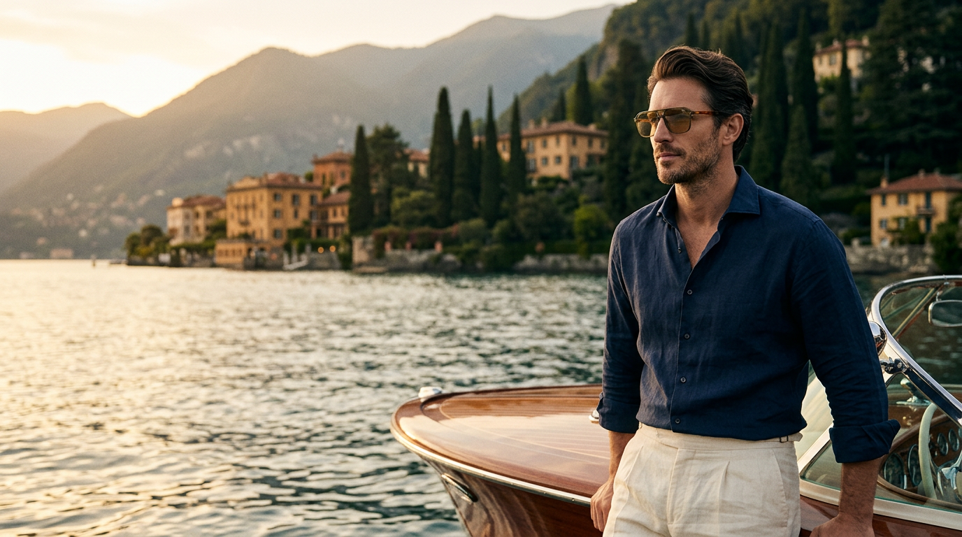 Man in a navy linen shirt wearing olive-green St Barts plus Safari polarised sunglasses beside a mahogany speedboat on Lake Como