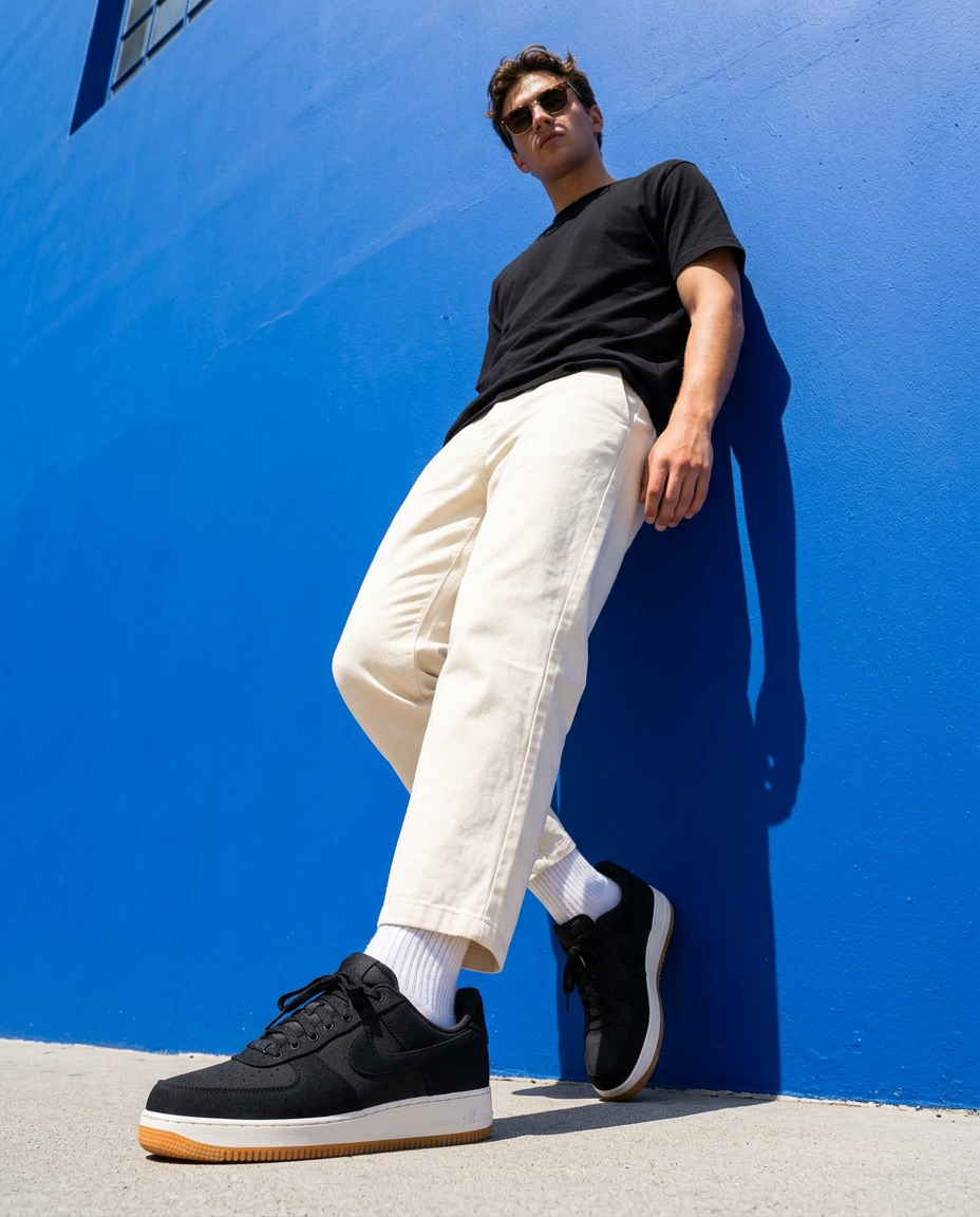 Hombre con zapatillas Nike Air Force 1 '07 LV8 frente a un muro azul
