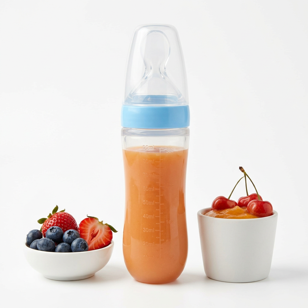 Squeeze feeder bottle beside fresh berries and purée (blue collar)