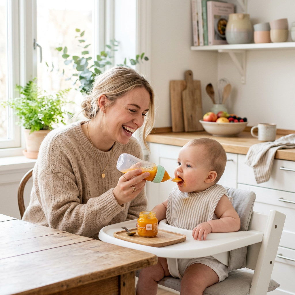 Mother feeding her baby in a high chair with the squeeze feeder (green collar)