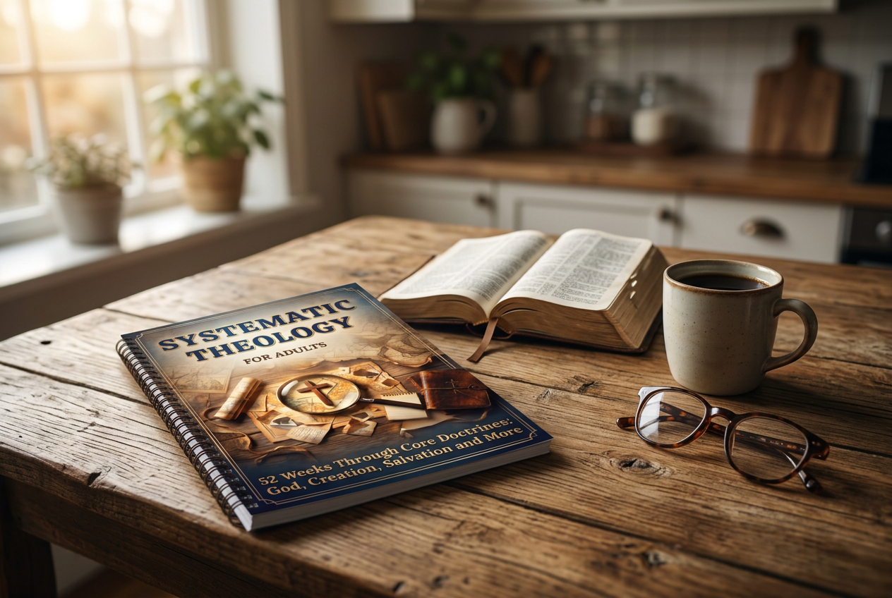 The Systematic Theology workbook on a wooden kitchen table beside an open Bible and a cup of coffee in morning light