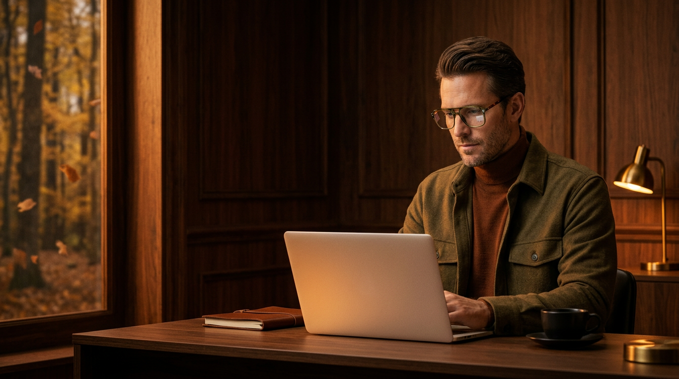 Man in an olive overshirt and rust roll-neck wearing olive St Barts plus Safari Clear blue light glasses at a walnut desk on an autumn evening