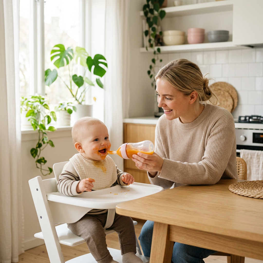 Mother feeding her baby in a high chair with the squeeze feeder (pink collar)