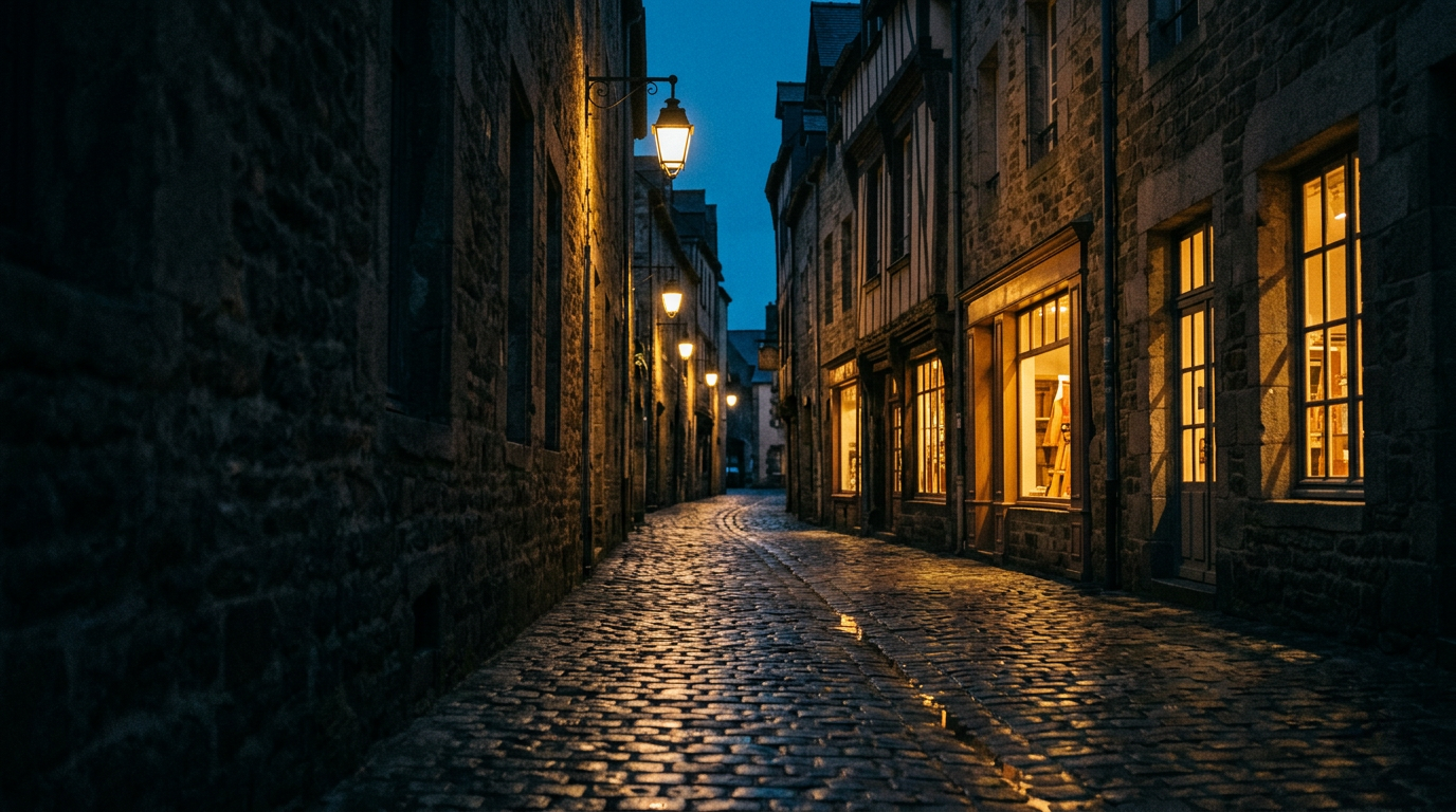 Empty cobblestone street at dusk with glowing shop windows