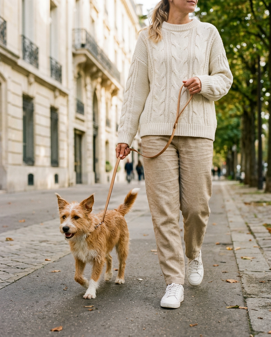 A dog trotting beside its owner on a leafy city boulevard in morning light