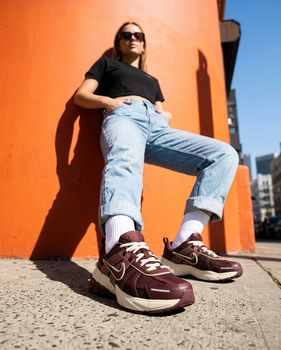 Mujer con zapatillas Nike V2K Run By You personalizadas frente a un muro naranja