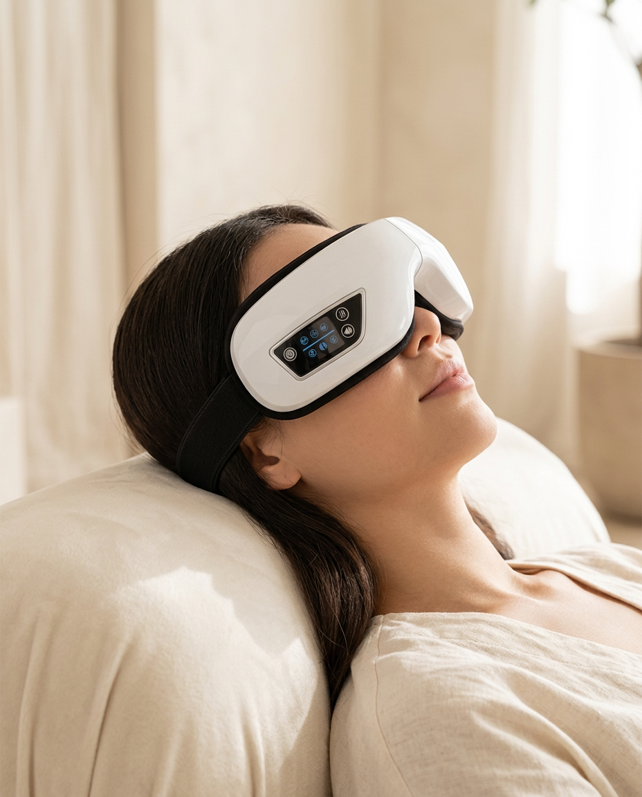 A woman reclining on an ivory cushion wearing the EyeCloud eye massager