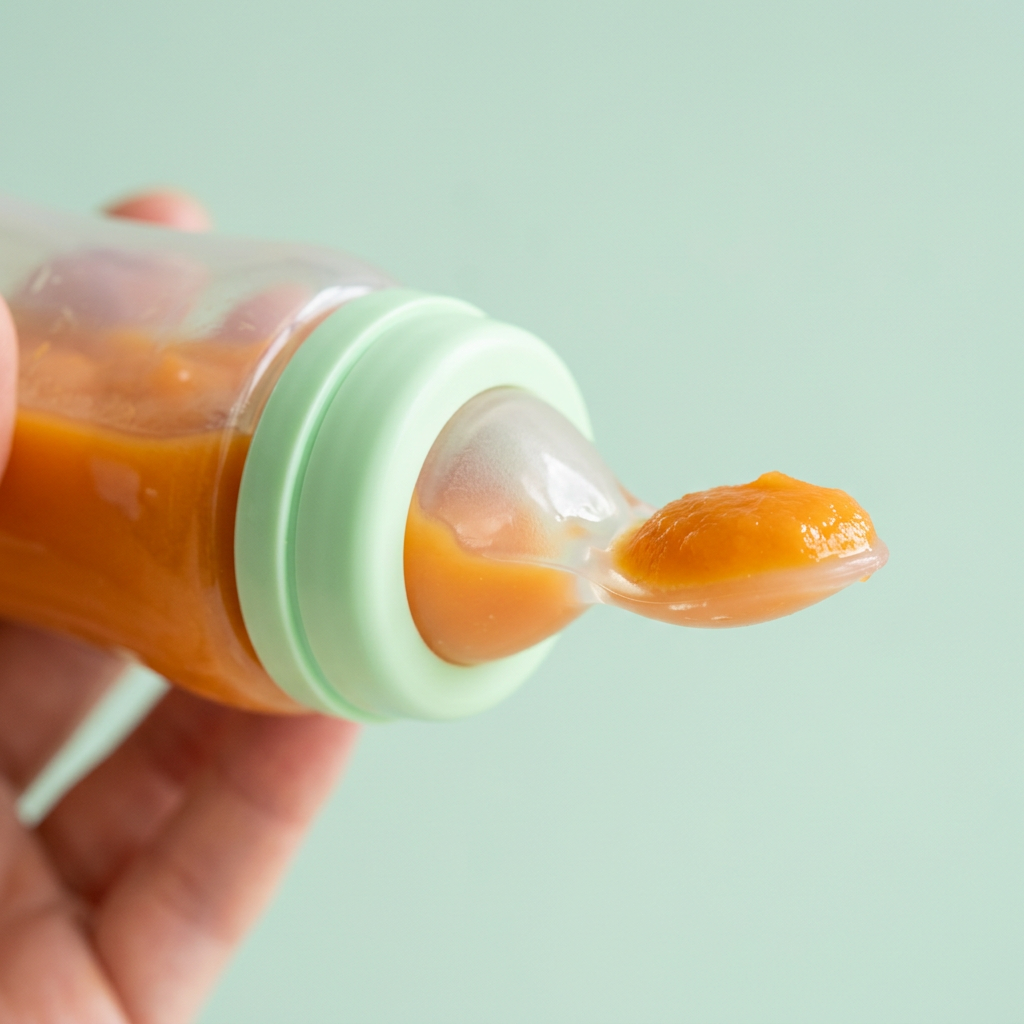 Close-up of the soft silicone spoon tip with sweet potato purée (green collar)