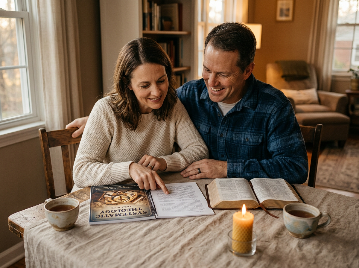 A couple studying the workbook together at their dining table in warm evening light
