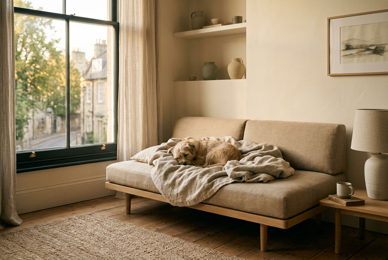 A dog curled up asleep under a linen blanket on a daybed by a window in evening light