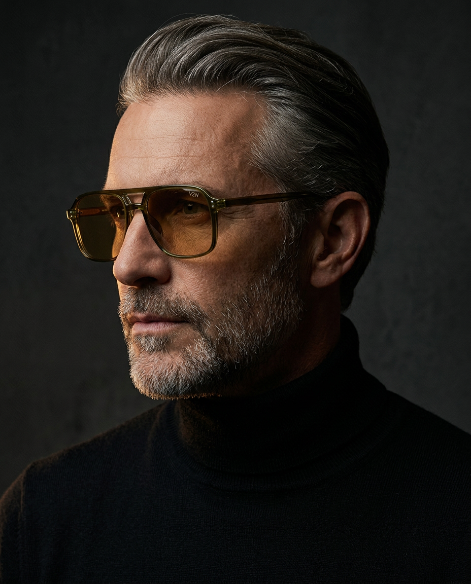 Distinguished grey-haired man in a black turtleneck wearing VZN aviator sunglasses, lit in warm low light