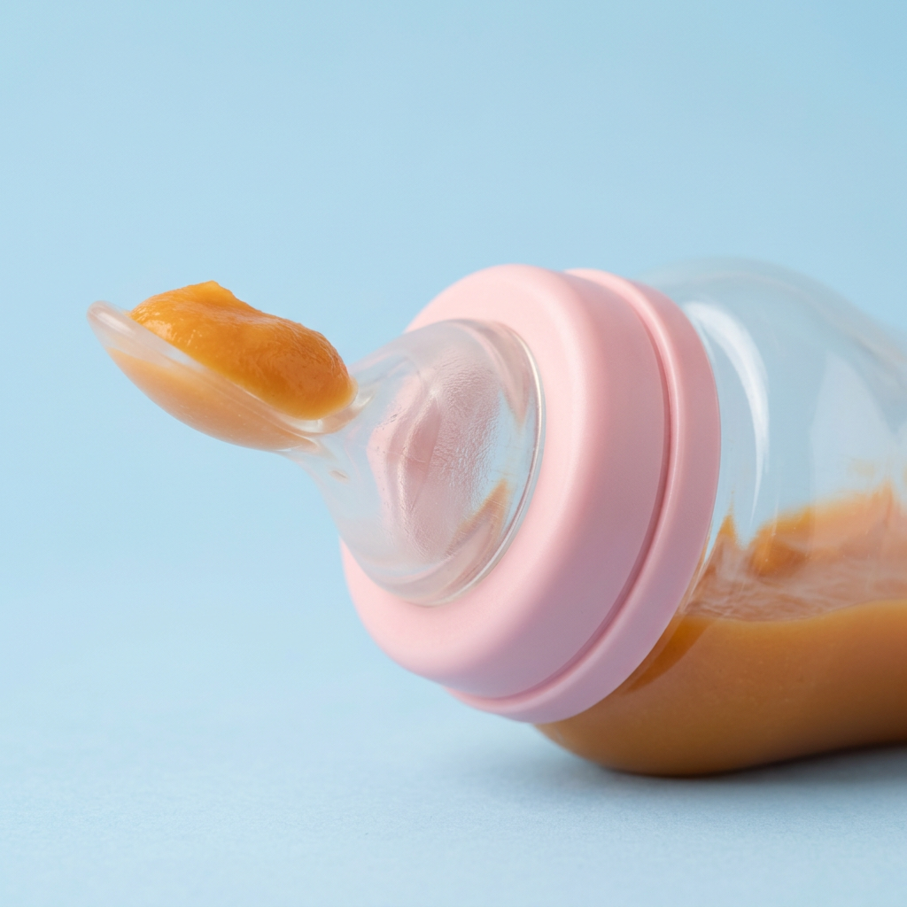 Close-up of the soft silicone spoon tip with sweet potato purée (pink collar)