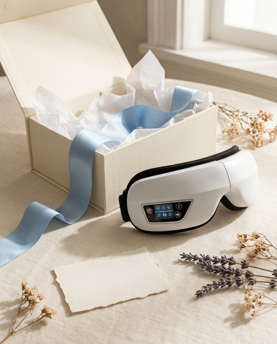 EyeCloud beside an open cream gift box with a sky-blue ribbon