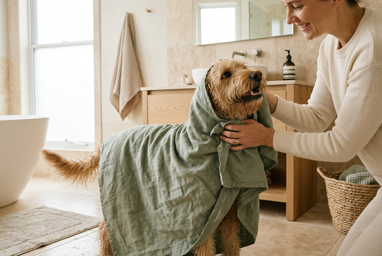 A happy dog wrapped in a sage linen towel being gently dried after a bath