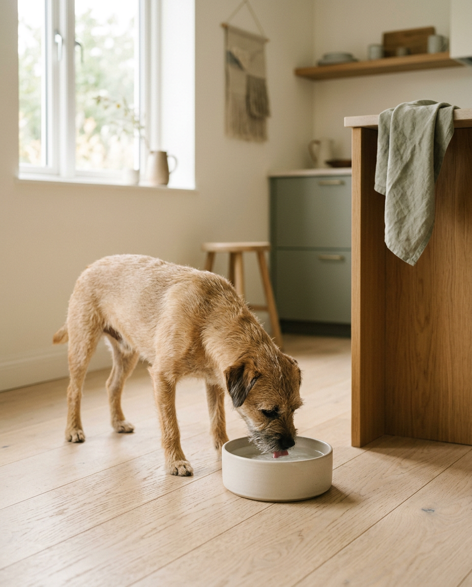 Dog drinking water from a ceramic bowl in a bright kitchen