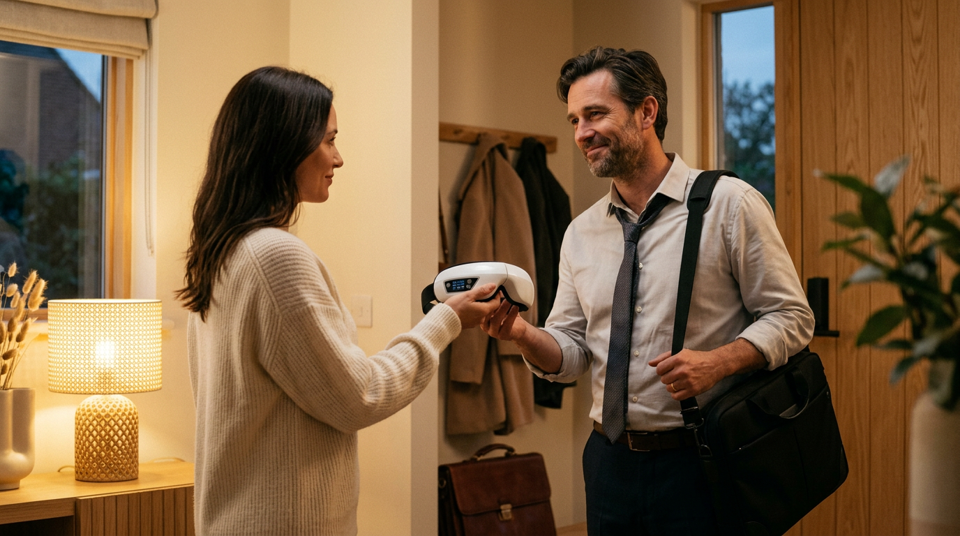 A woman handing an EyeCloud eye massager to her husband as he arrives home from work