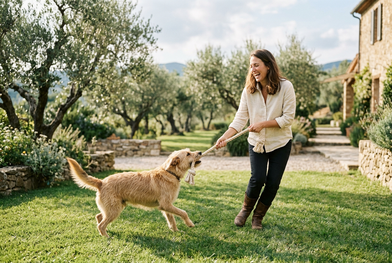 An owner and a joyful dog playing tug with a cotton rope toy in a sunlit garden