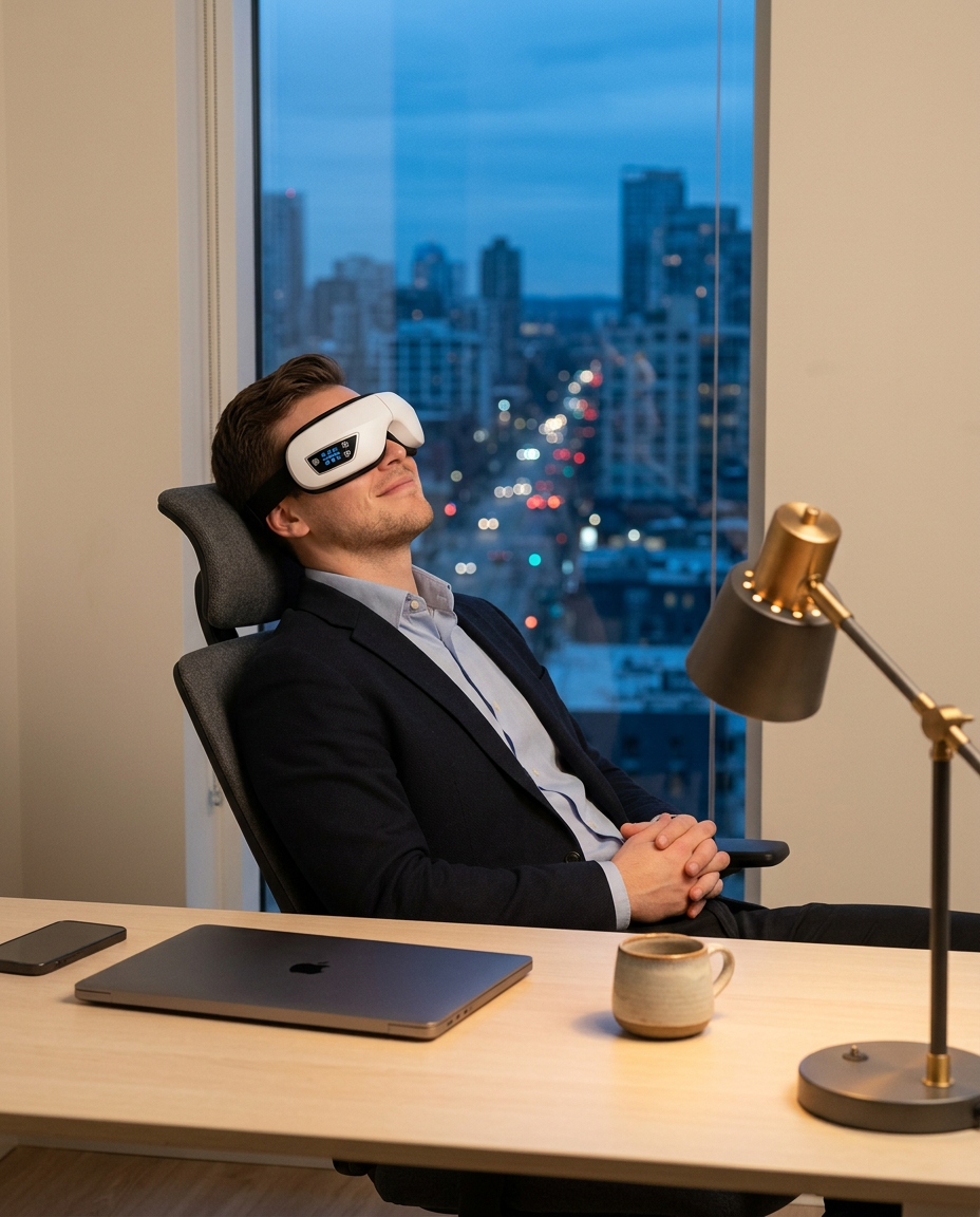 A professional leaning back at his desk after work wearing EyeCloud