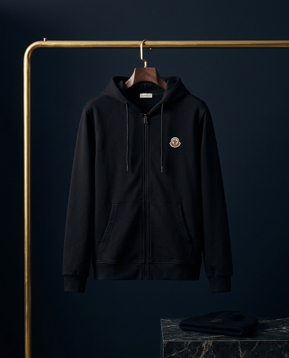 Black zip-up jacket hanging on a brass clothing rail