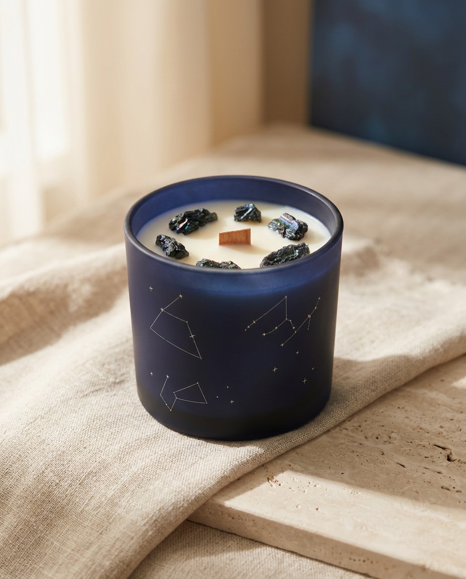 Bougie astrologique Avenelya en cire de soja dans son verre bleu nuit