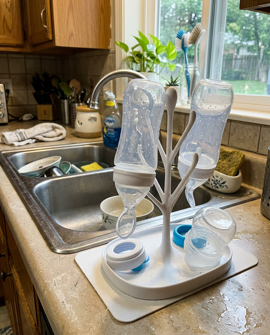 Squeeze feeders drying on a rack next to the sink