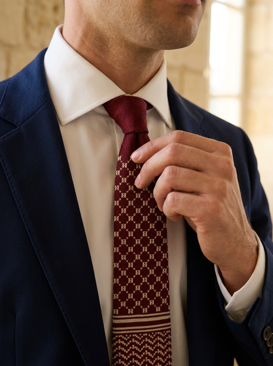 Man adjusting a burgundy tie embroidered with a keffiyeh tatreez pattern