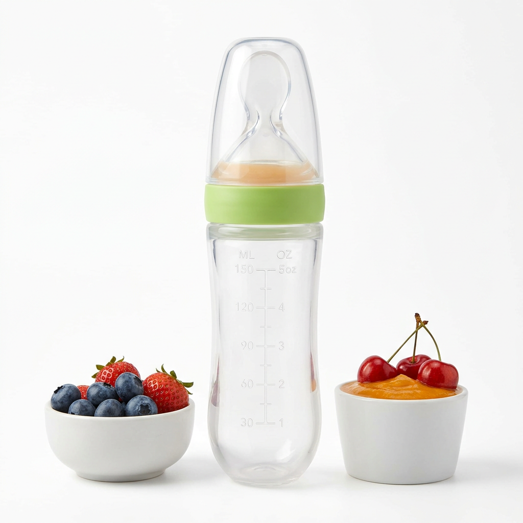 Squeeze feeder bottle beside fresh berries and purée (green collar)