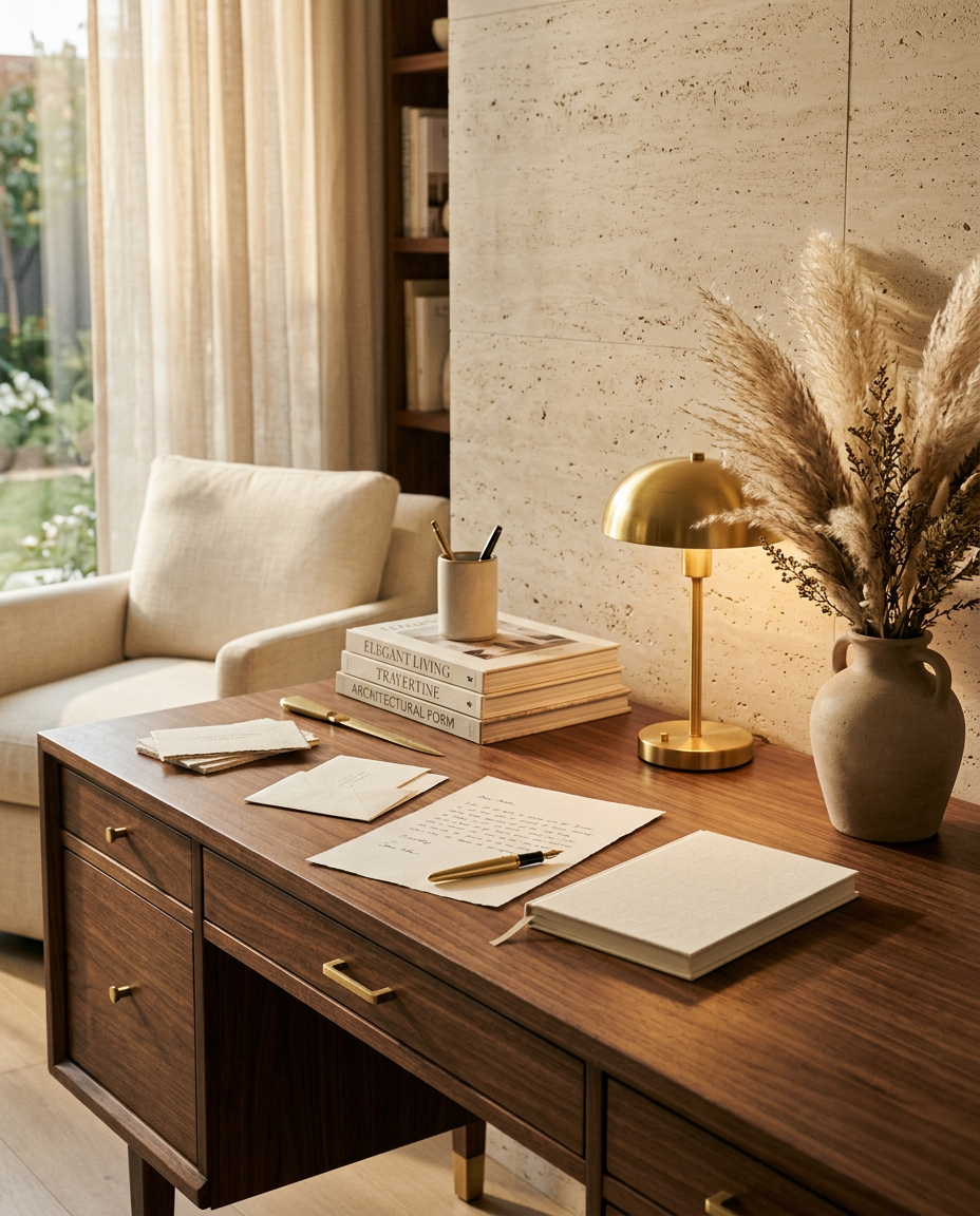 Walnut writing desk with cream stationery, a fountain pen and a glowing brass lamp