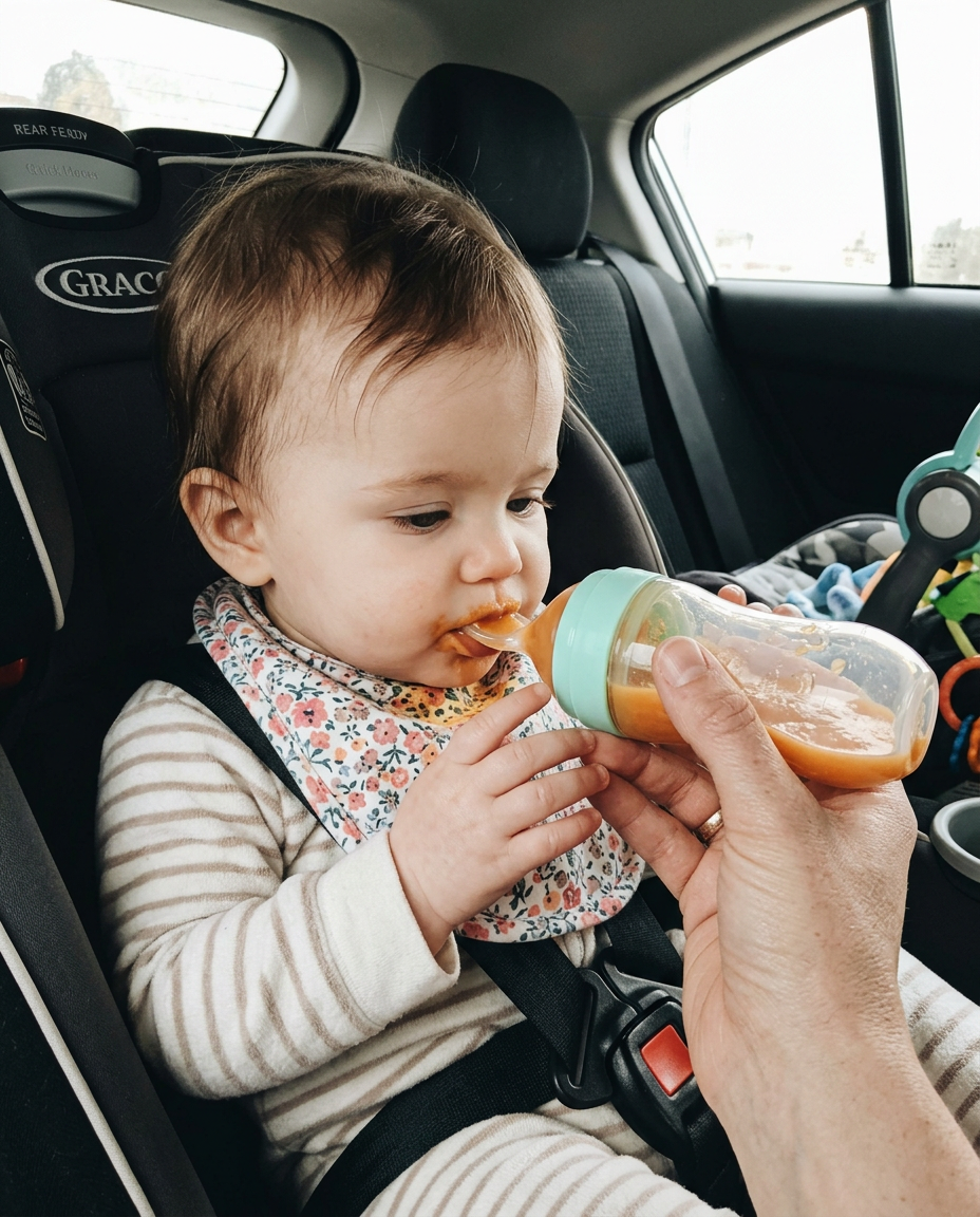 Baby in a car seat eating from the squeeze feeder