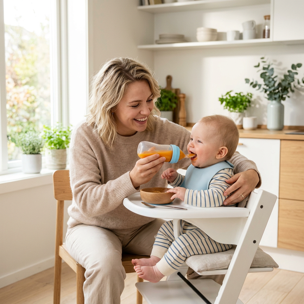Mother feeding her baby in a high chair with the squeeze feeder (blue collar)