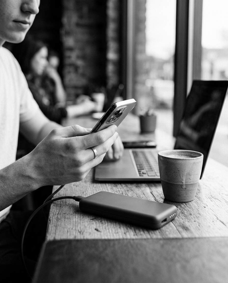Phone charging from the LY Series 2 Powerbank on a café table