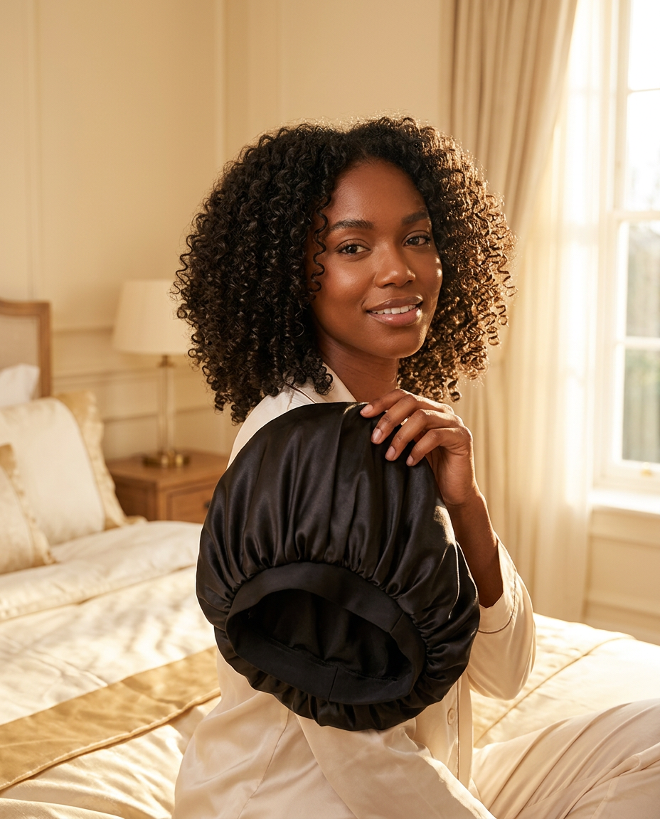Black woman with defined curls holding her black satin bonnet in a sunlit bedroom