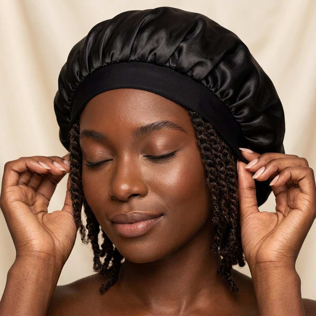 Black woman with twists adjusting the soft band of her black satin bonnet