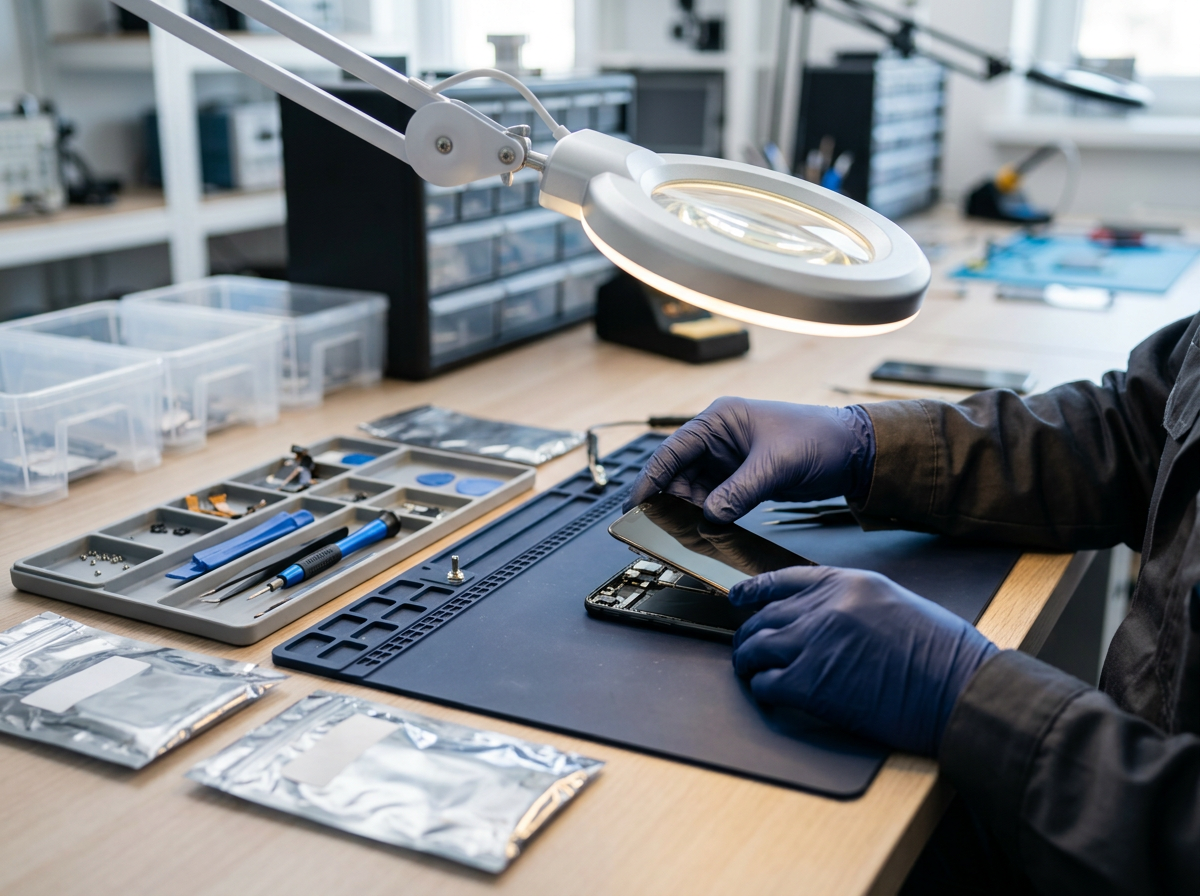 Repair technician installing a replacement screen at a professional workbench