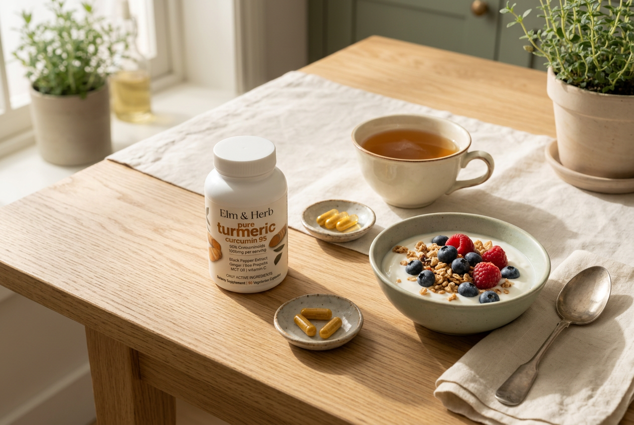 Elm & Herb turmeric bottle and capsules beside a breakfast of yogurt and tea