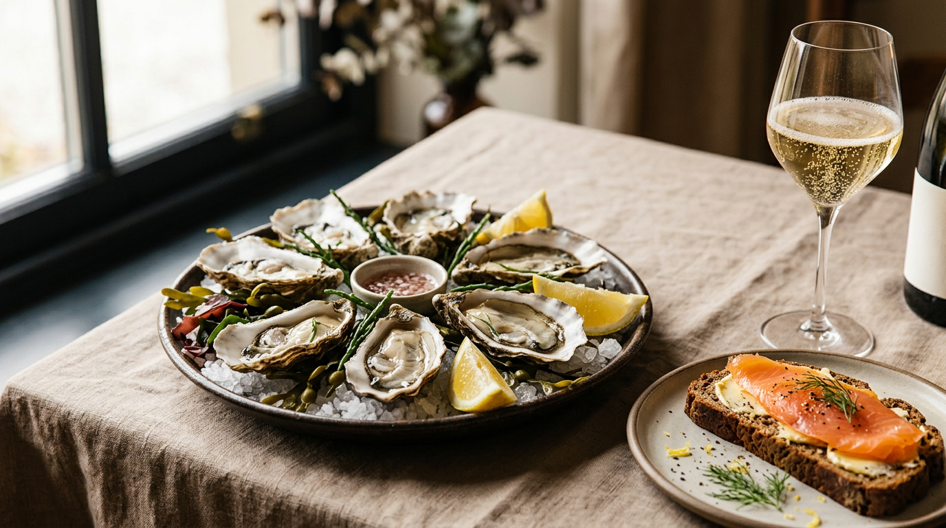Rock oysters on ice with lemon, smoked salmon on brown bread and a tulip glass of Champagne on a linen tablecloth