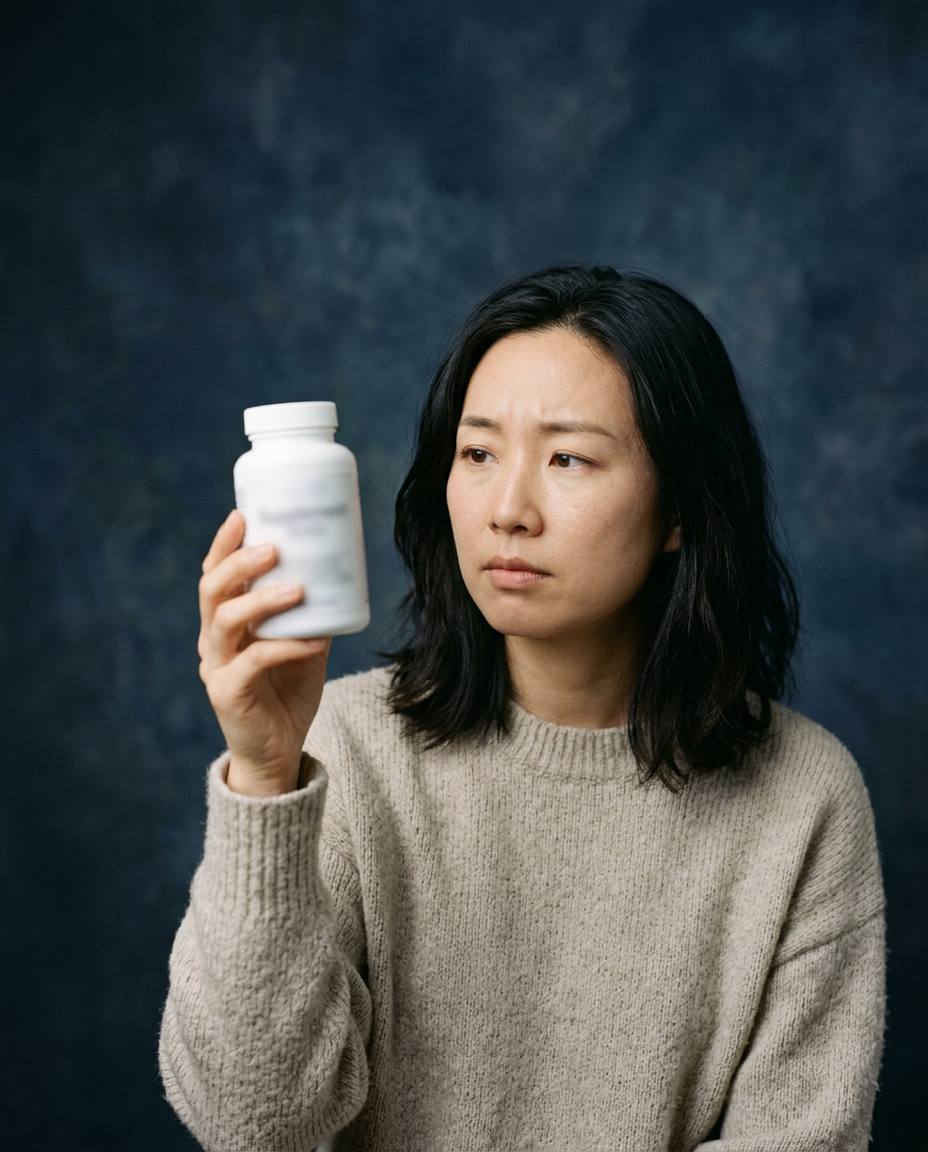 Woman looking unconvinced at a generic multivitamin bottle with a blurred label
