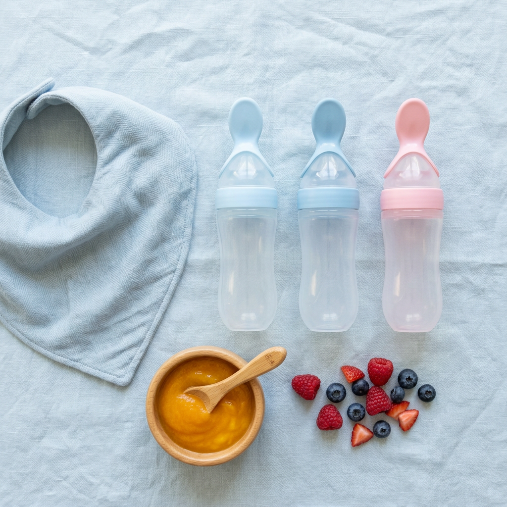 Three squeeze spoon feeders with a bib, puree and berries