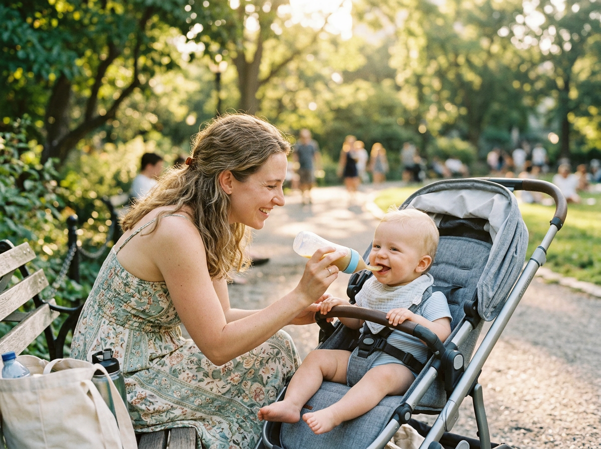 Mom feeding her baby in a stroller at the park