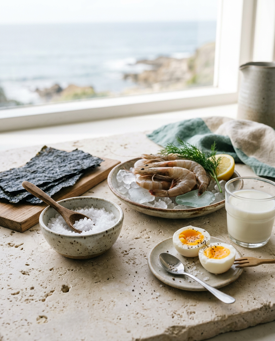 Iodine-rich foods: sea salt, nori seaweed, prawns, egg and milk