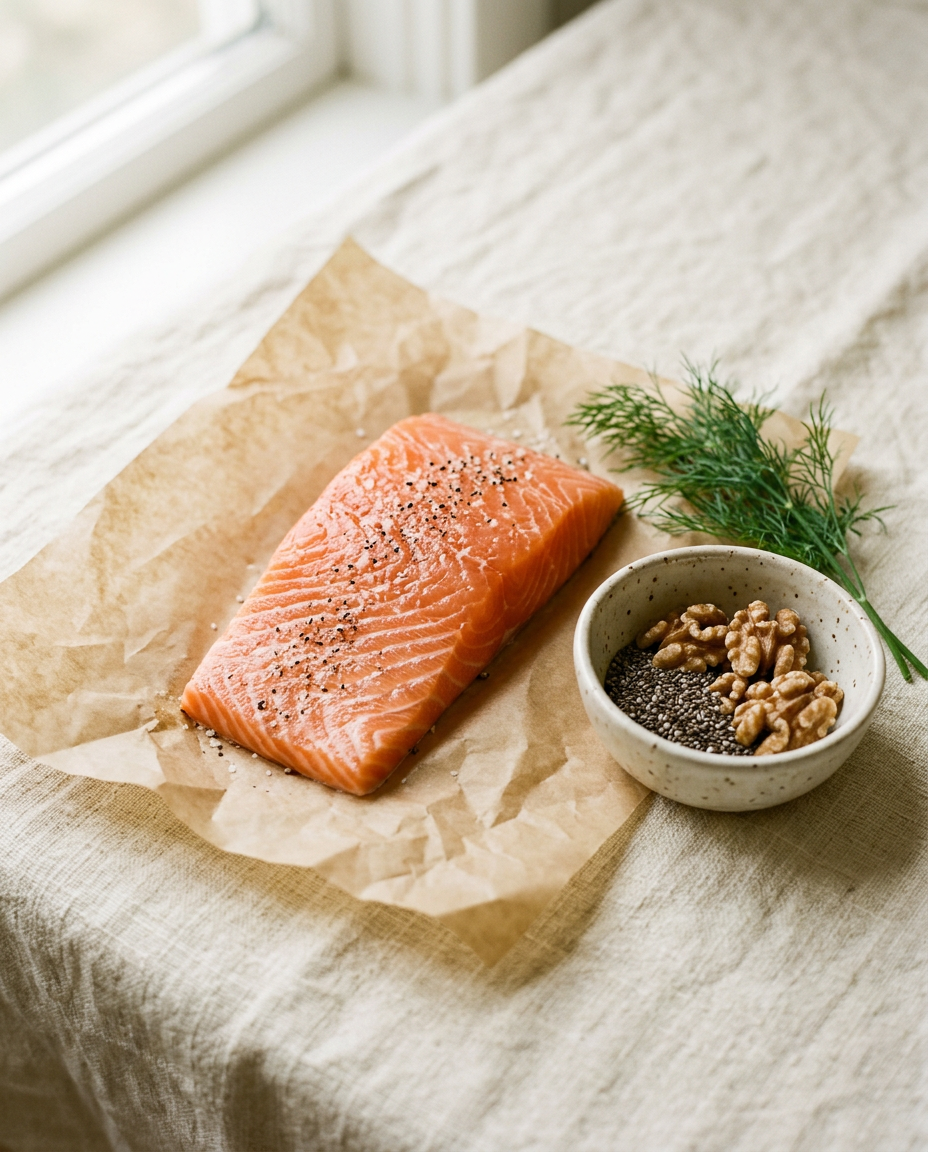 Fresh salmon fillet with walnuts, chia seeds and dill on linen