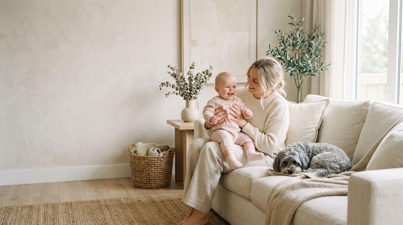 A mother holding her smiling baby on a cream sofa with a small grey dog beside them