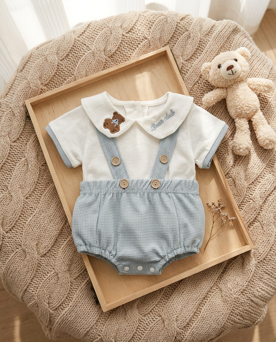 Baby romper with bear collar laid on a wooden tray beside a teddy bear