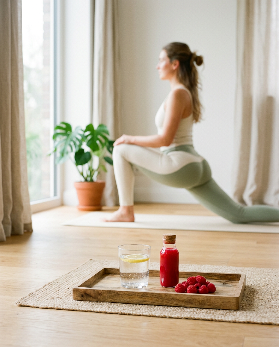 Ranní wellness rituál s jógou, sklenicí vody a malinovým shotem