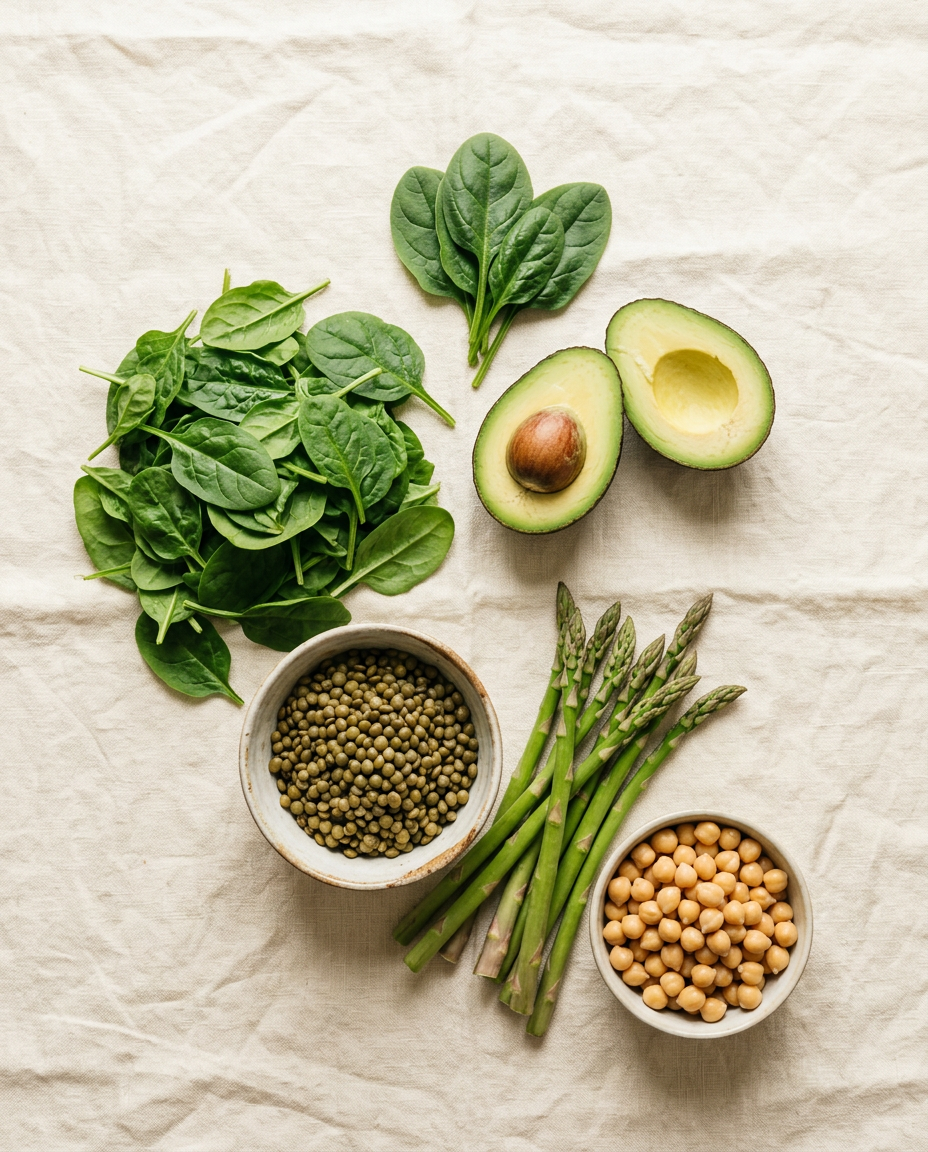 Folate-rich foods: spinach, avocado, lentils, asparagus and chickpeas on linen