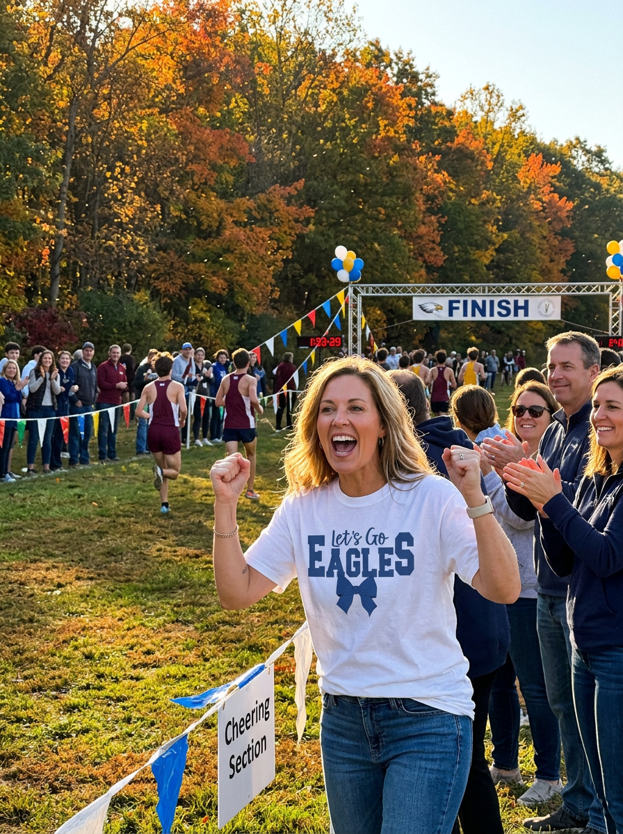 Proud mom cheering at a cross country finish line