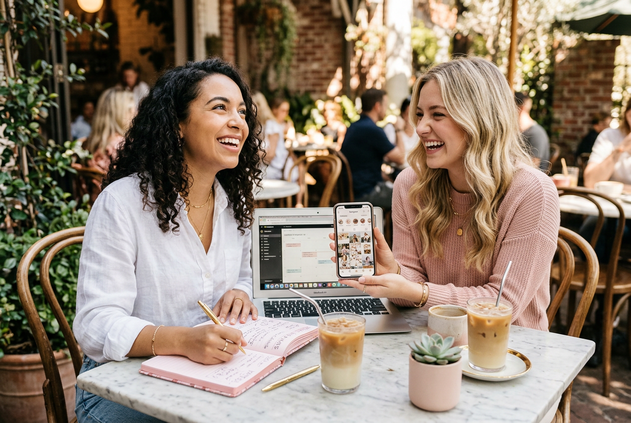 Two creators planning content together at a cafe with a notebook and smartphone