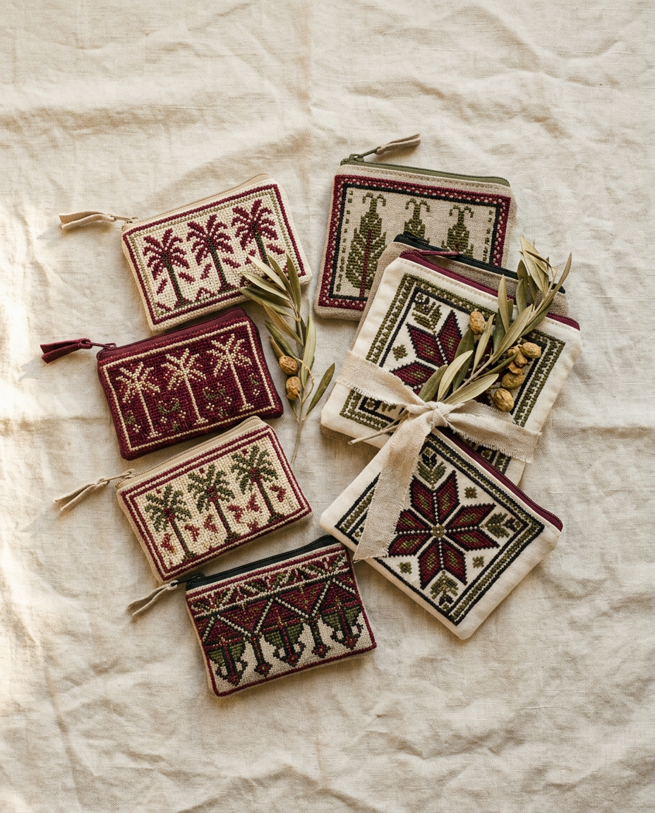 Hand-embroidered tatreez pouches tied with linen ribbon beside dried olive sprigs